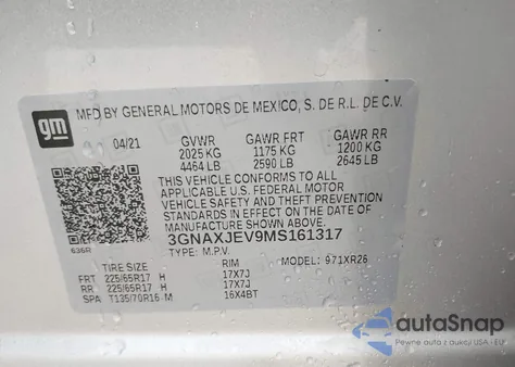 2021 Chevrolet Equinox Fwd 2Fl from USA, damaged, VIN 3GNAXJEV9MS161317